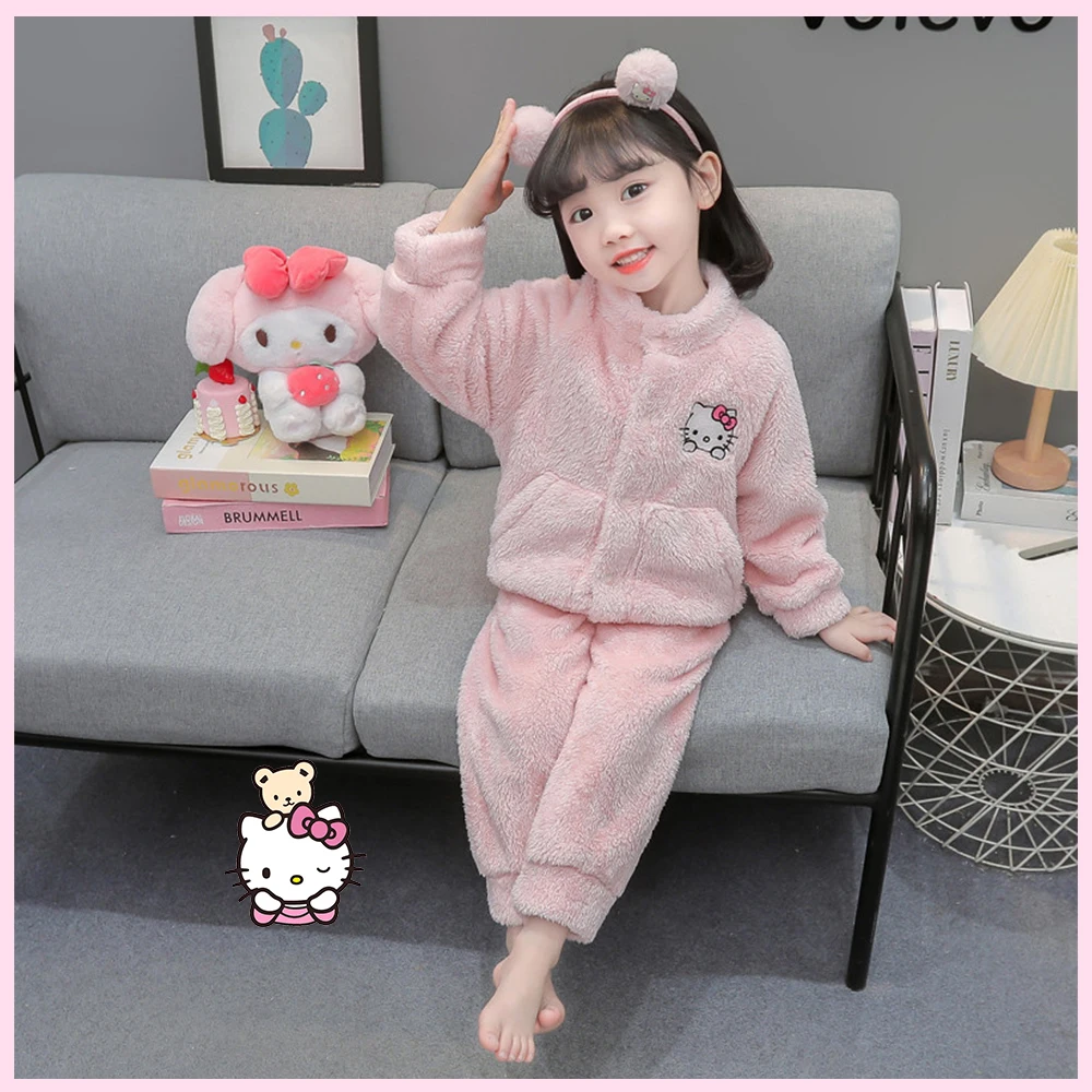 

Новый детский пижамный костюм Hello Kitty Sanrio для девочек Kuromi Kawaii, куртка на молнии, домашняя одежда, бархатная утепленная теплая домашняя одежда с героями мультфильмов