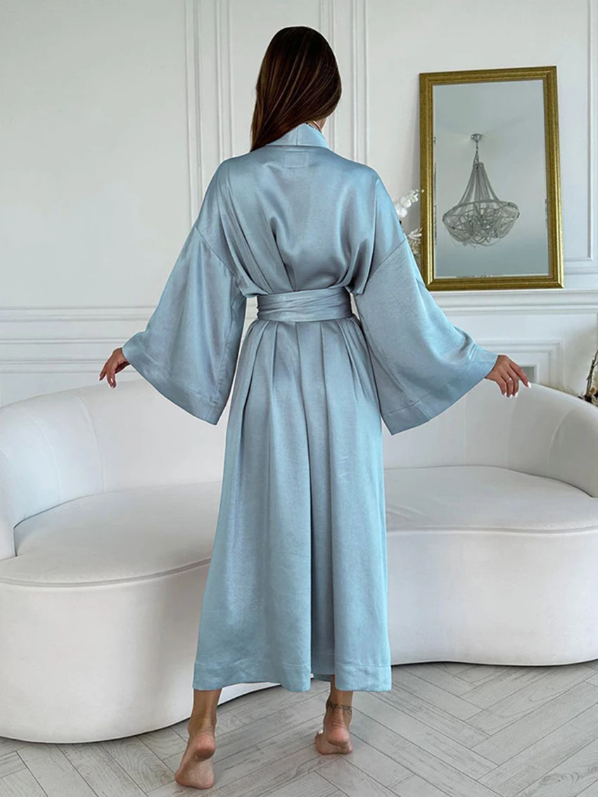 Marthaqiqi Casual Ladies Robe Long Sleeve Bathrobe Lace Up Nightwear V-Neck Nightgowns Ankle-Length Dress Winter Women Pajamas