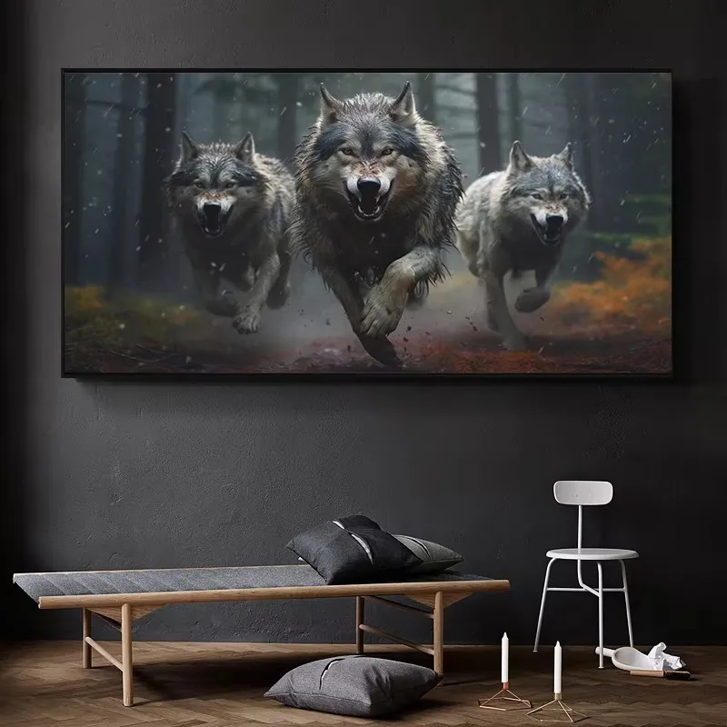 Three Wolf Running Howl Wildlife Canvas Paintings Prints Wall Art Picture Animals Nature Poster Living Room Bedroom Home Decor