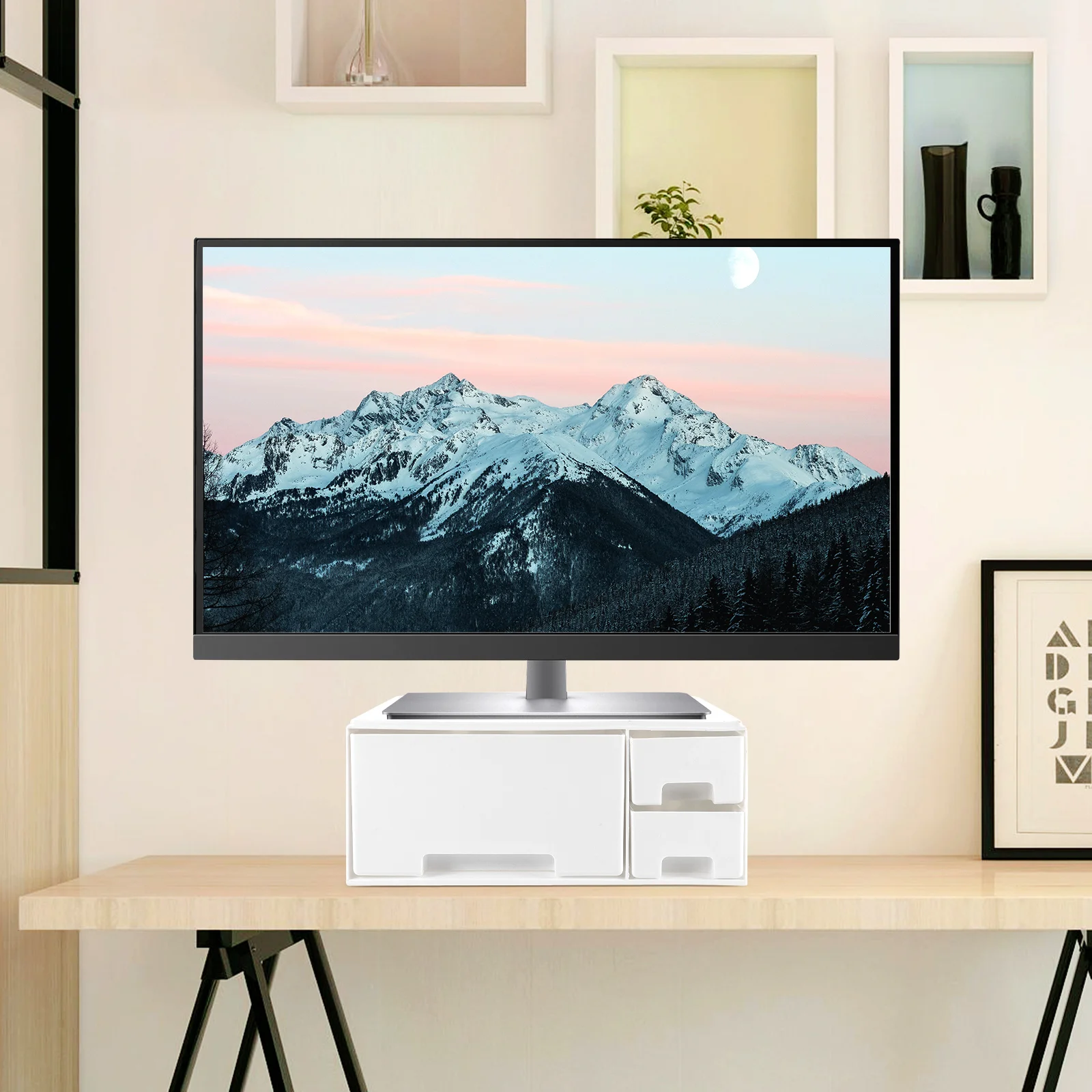 

1Pcs Monitor Riser Elevated Shelf White Computer Screen Stand Organizer Drawer Desktop Storage Rack for Office Students Makeup