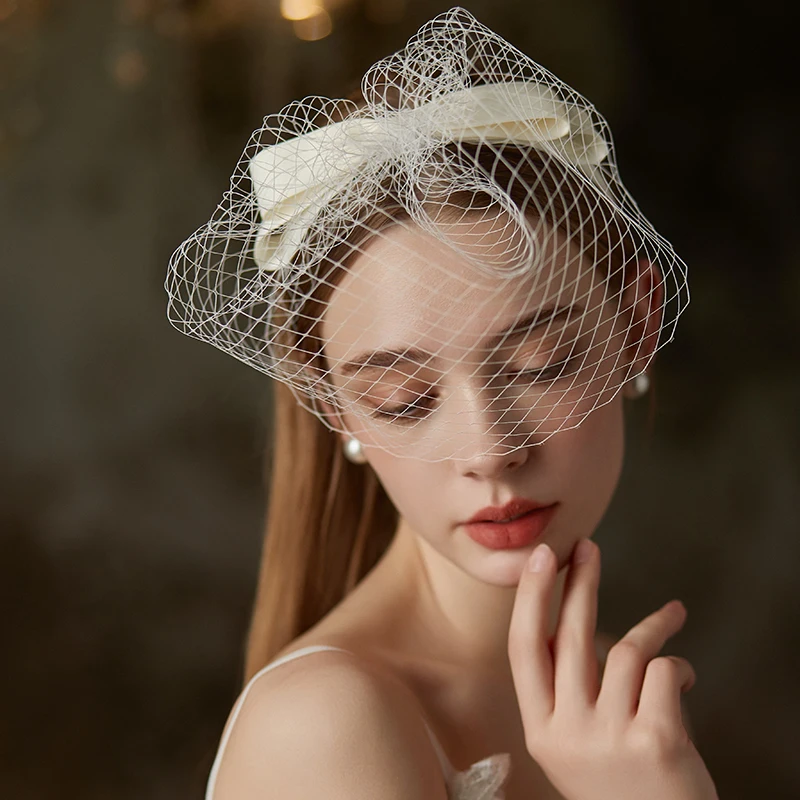 

V791 Short White Bridal Cage Veils Handmade Satin Bow Net Headdress Wedding Blusher Veil for Women Pageant Prom Parties