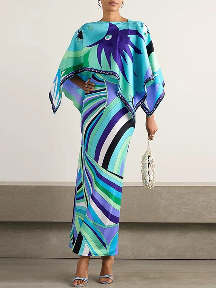 Elegantes bedrucktes Schal-Langkleid für Damen – schmales Cape, Rundhals, ärmellos, Party- und Abendkleider, Outfits, Sommer 2026, Neuheit für die Dame