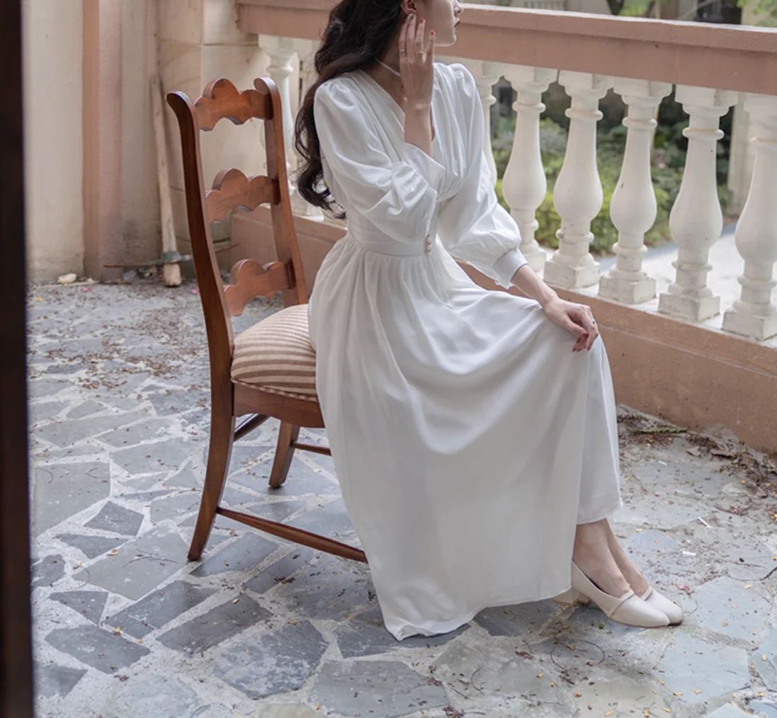 Korea French Simple Long Sleeves Soft Satin Vintage Sexy Deep V Neck A-Line Tea Length Beach 웨딩드레스 Wedding Dress Gown Bridal