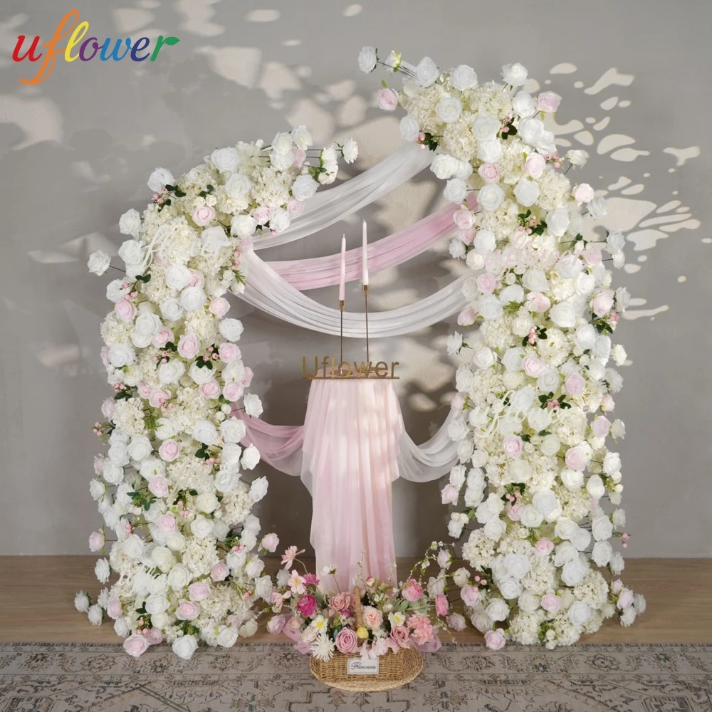 

Uflower Luxury White Pink Rose Floral Arrangement Decor Horn Arch Wedding Backdrop Floor Flower Row Event Stage Party Props