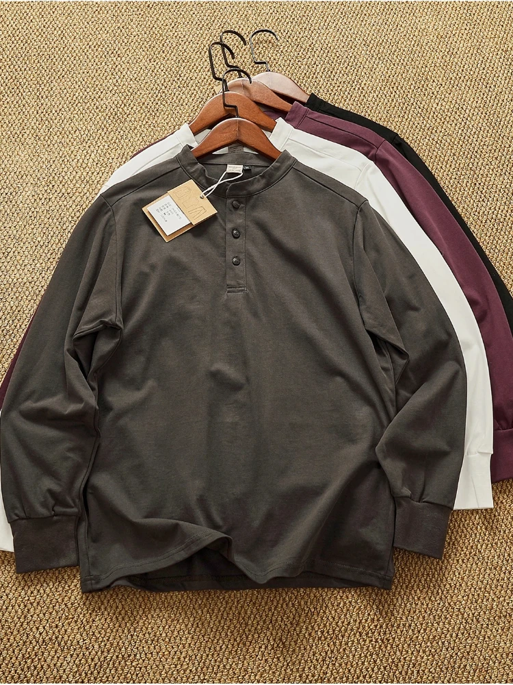 

Весенняя новая американская ретро однотонная футболка с длинным рукавом и воротником Генри, мужские простые топы из 100% хлопка, старые повседневные топы Touge Guy