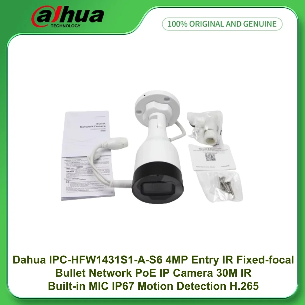 Dahua IPC-HFW1431S1-A-S6 4MP Entry IR Fixed-focal Bullet Network PoE IP Camera 30M IR Built-in MIC IP67 Motion Detection H.265