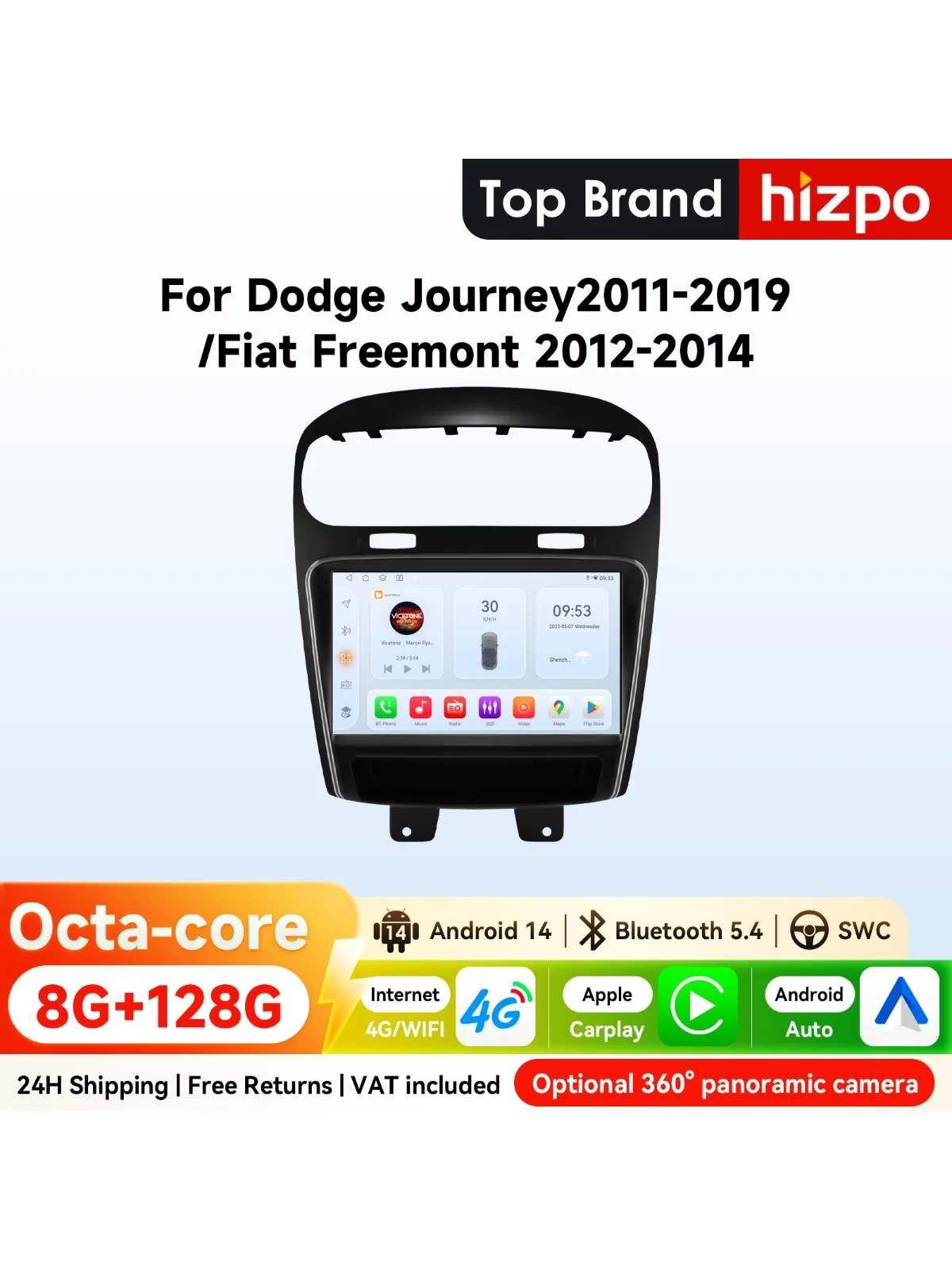 9" Hizpo CarPlay Android Auto Autoradio für Dodge Journey 2011 - 2019 FIAT Freemont 2012 - 2014 Navi GPS DSP 4G BT SWC 360 ° CAM