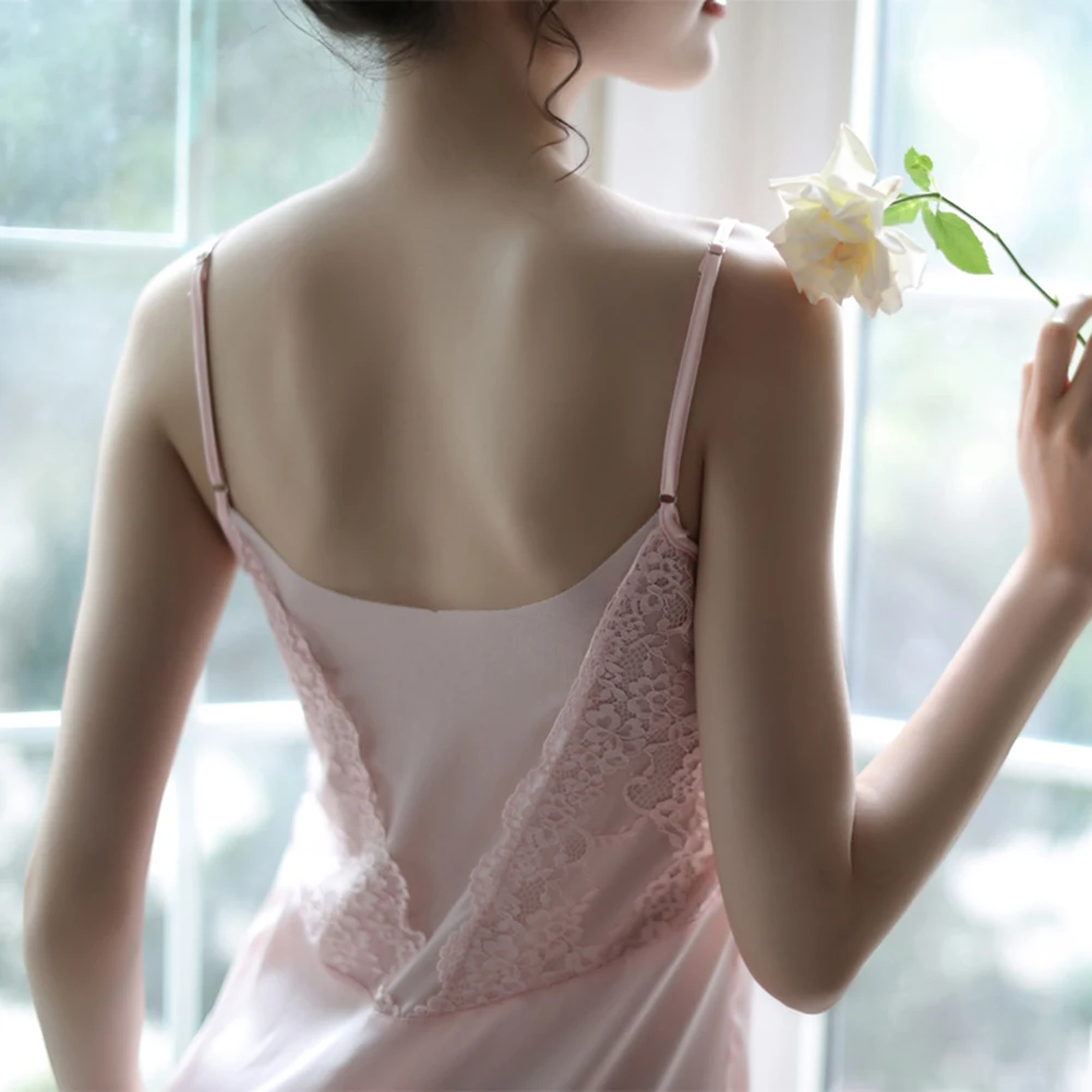 Women Chest Pad Sleepwear Dress Backless Strap Nightgown Lace Hot Temptation