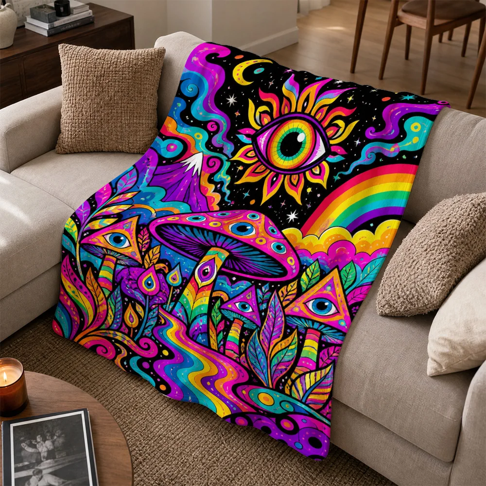 Bohemian Psychedelic Rainbow Print Throw Blanket for Sofa Couch Home Decor Boho Hippie Festival Aesthetic Living Room Tapestry