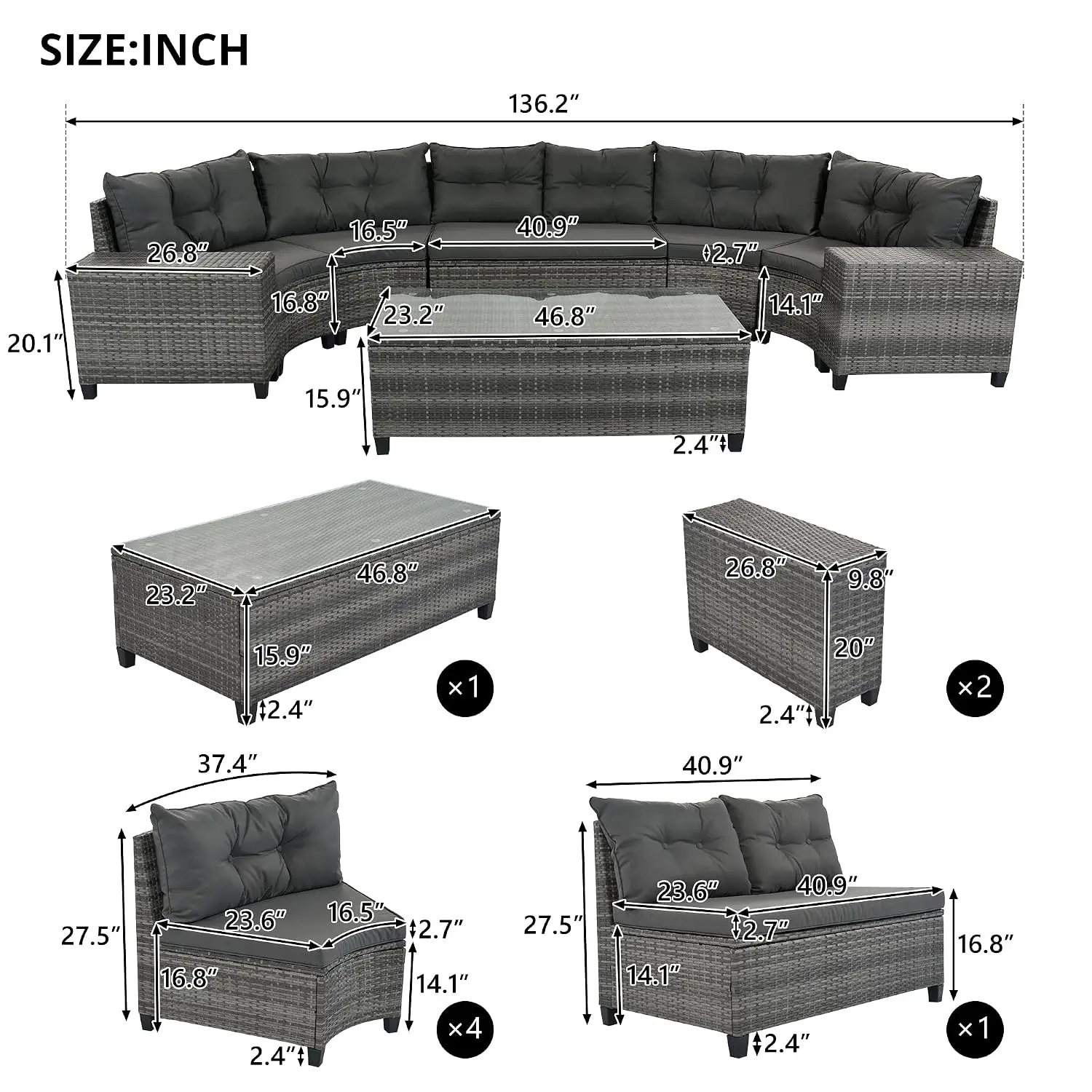 8-Piece Wicker Round Sectional Sofa Set, Half-Moon Curved PE Rattan Conversation Furniture with Coffee Table, Gray, Customized