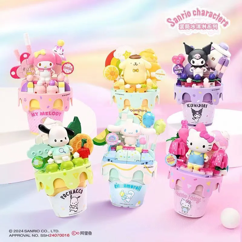 New Sanrio Building Block Toy Anime Figure Kuromi My Melody Hello kitty Ice Cream Cake Decoration Model Toys Kids Birthday Gifts