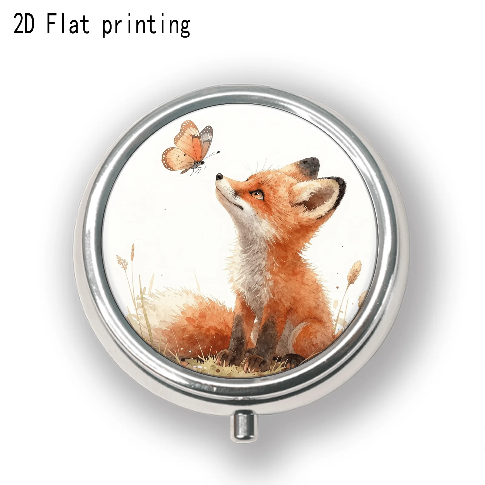 Cute Red Fox and Butterfly Meadow Healing Watercolor Pattern, Round Three-Compartment Small Pill Box, Portable Medicine Storage, Small Jewelry Organizer, Suitable for Handbags or Travel, Holiday Gifts, Souvenirs, Prizes, Small Gifts, for Personal Use or as an Exquisite Gift