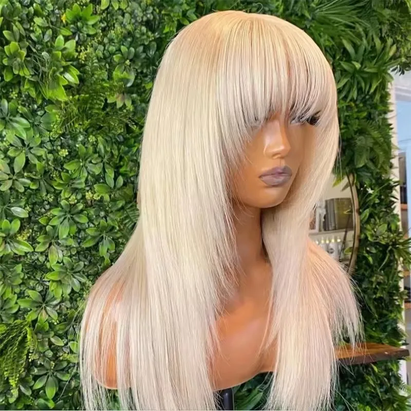 MXWIG Synthetic Hair Layer Blonde Straight Bangs Glueless  Lace Front Wig For Black Women Preplucked Daily Fiber Cosplay