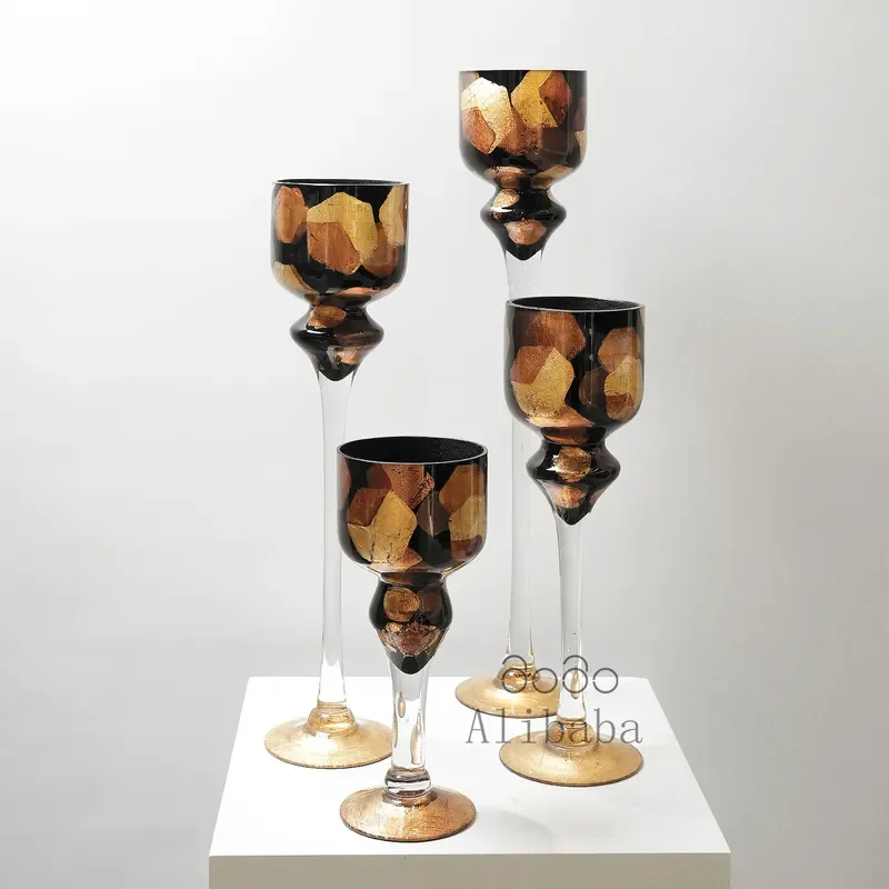 Modern light luxury simple creative gold foil black tall candlestick vase old money wind gold lacquer painting handmade