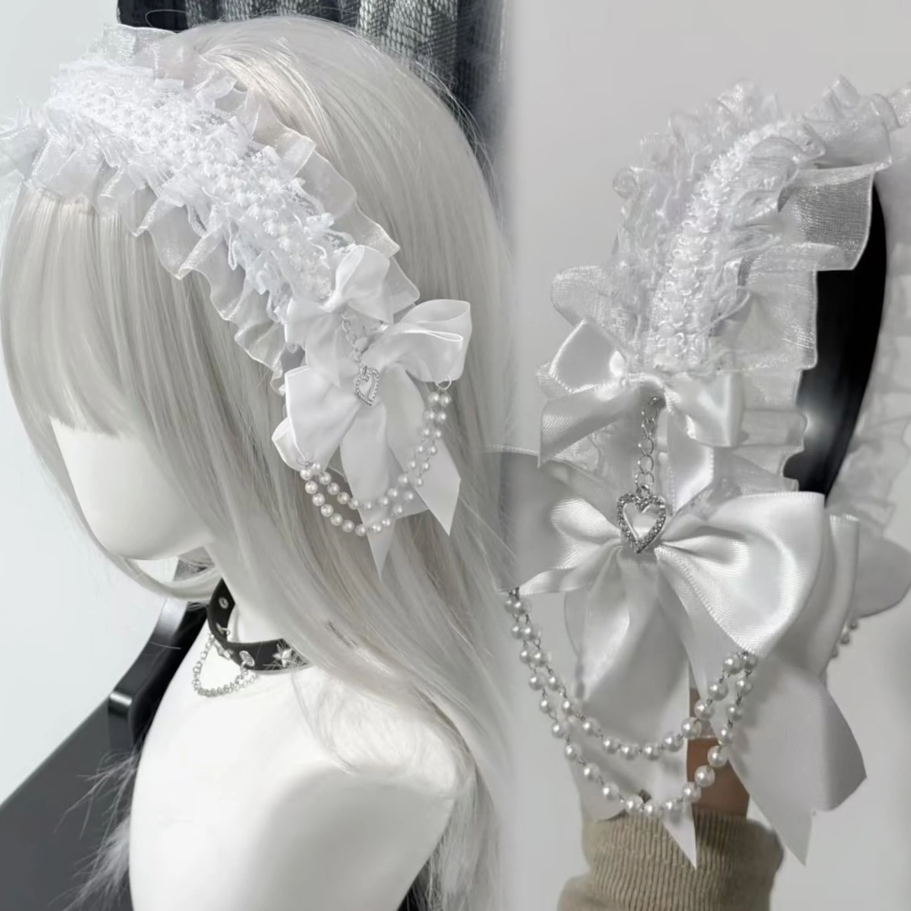 Original Handmade Subculture Pure White Pleated Lace Hairband Lolita Bow Sweet Bowknot Headband Maid Cosplay Headpiece