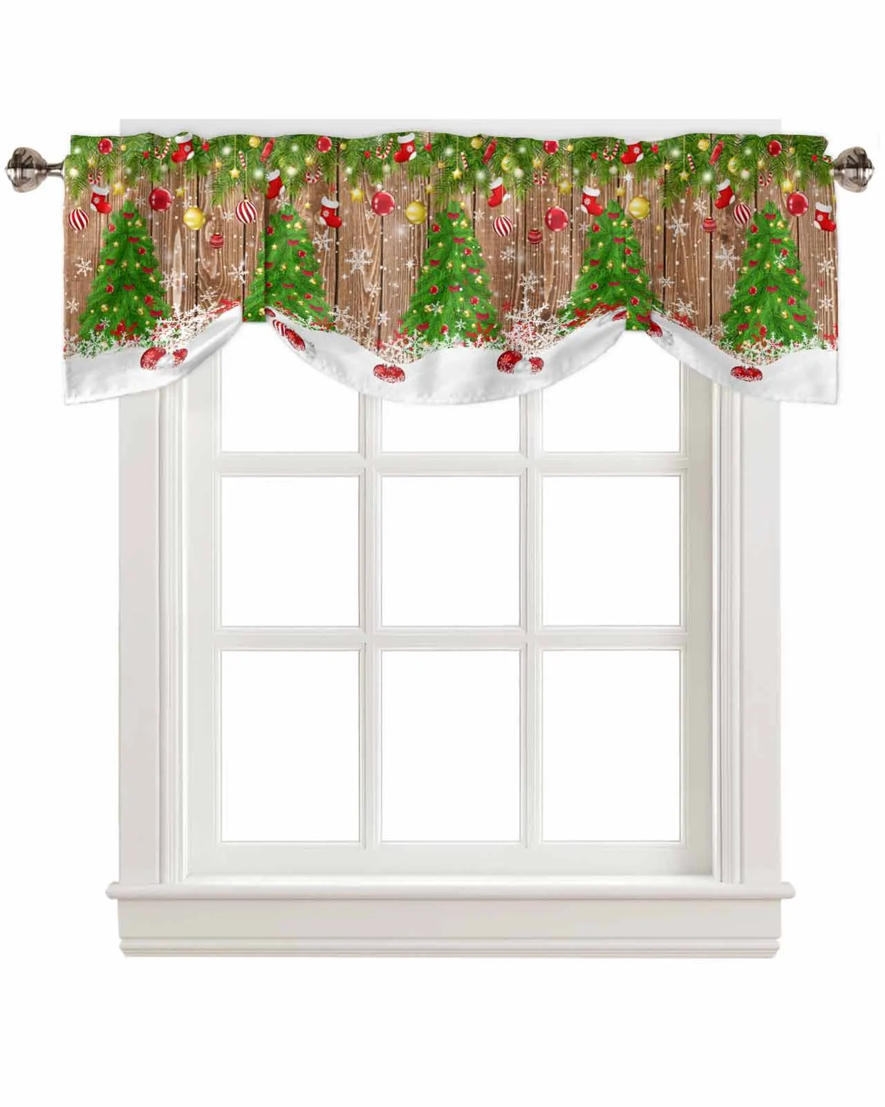 Christmas Tree Snowflake Socks Candy Wood Grain Window Curtain Living Room Kitchen Cabinet Tie-up Valance Curtain Rod Pocket