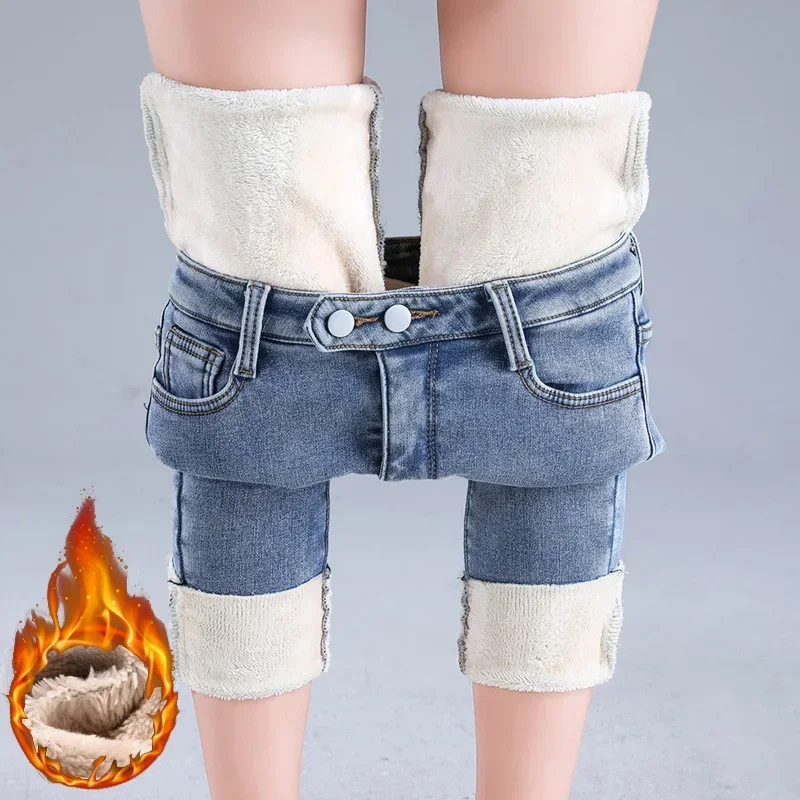 Winter Girls Mid Waist Skinny Thermal Jeans Lady Slim Fit Thicken Denim Pants Korean Women Snow Warm Blue Fur Trousers