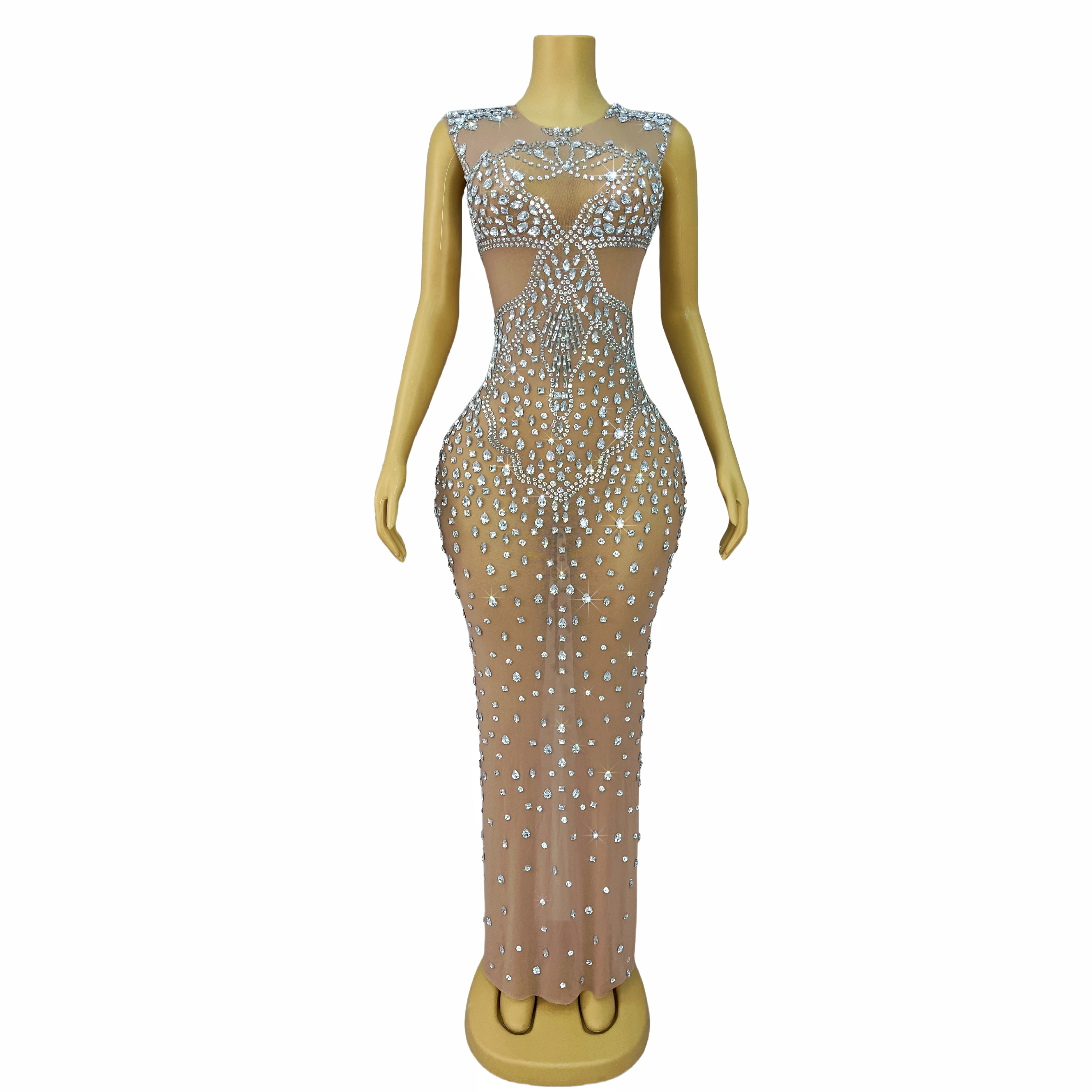 

High-end Shining Silver Crystals Gown Transparent Mesh Sleeveless Dress Evening Birthday Celebrate Outfit Stage Costume Xingxing