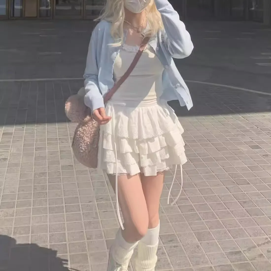 

Harajuku Lolita White Mini Skirts Women Lace Patchwork Sweet Kawaii Schoolgirl A-line High Street Bow Korean Fashion Y2k Skirt