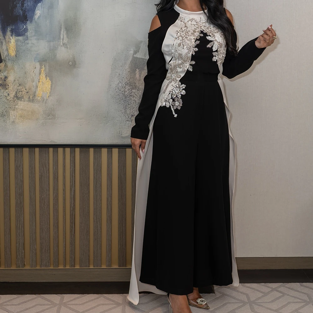 

Customized A-line Evening Dresses Ankle-length O-neck Full Sleeve Prom Gown Fashion Sequined Flowers Simple Draped Party Gown