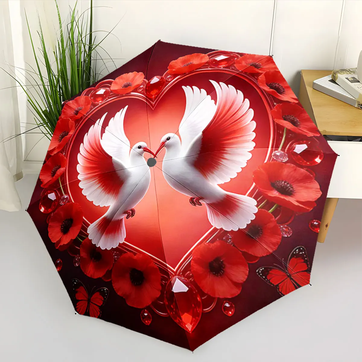 1PC Romantic Doves and Flowers Umbrella Design Print 8 Iron Ribs Folding Umbrella Auto-Open Fashion Sunshade