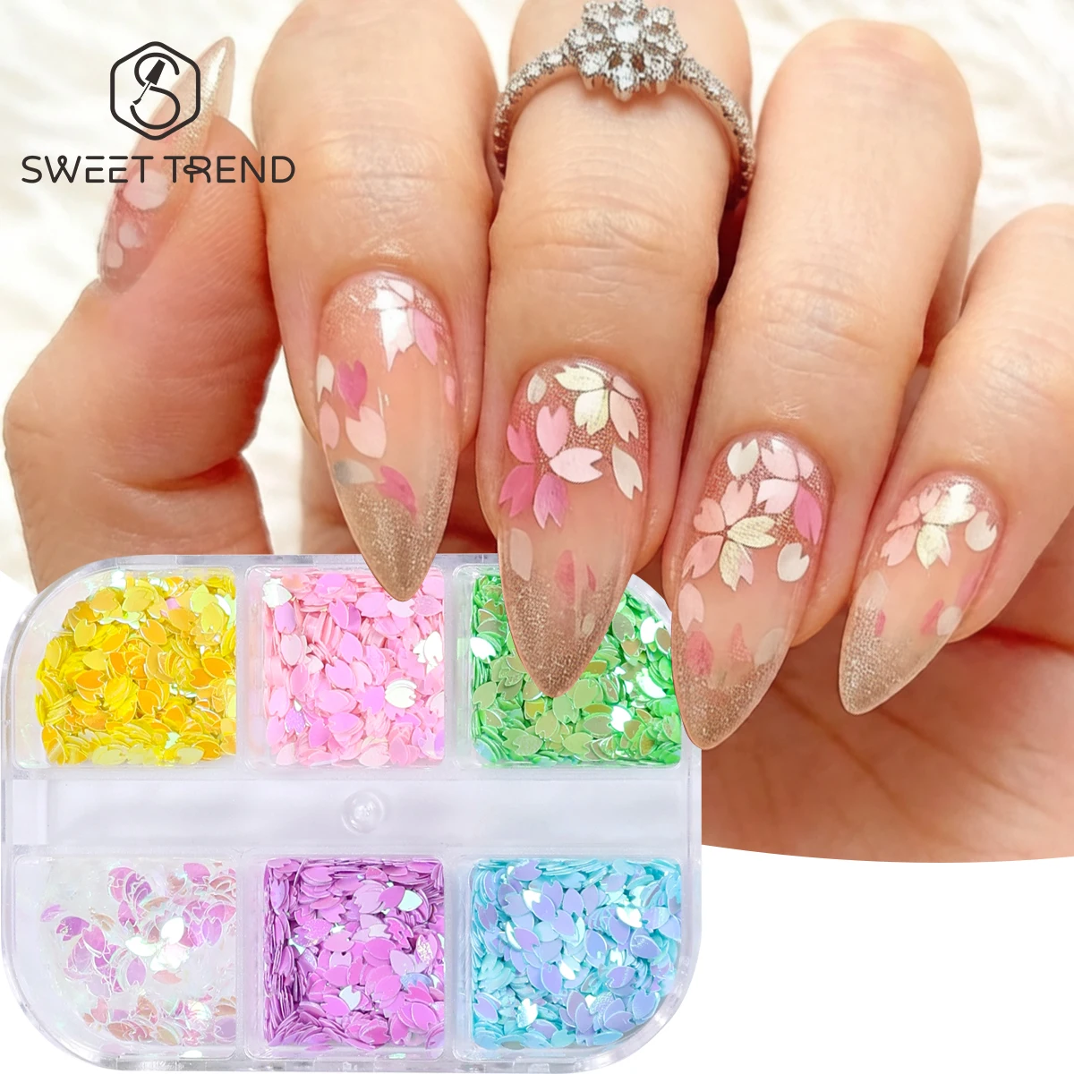 6 Grids Holographic Sakura Nail Sequins Iridescent Cherry Blossoms Petal Glitter Flakes Elegant Spangles Japanese Manicure Decor