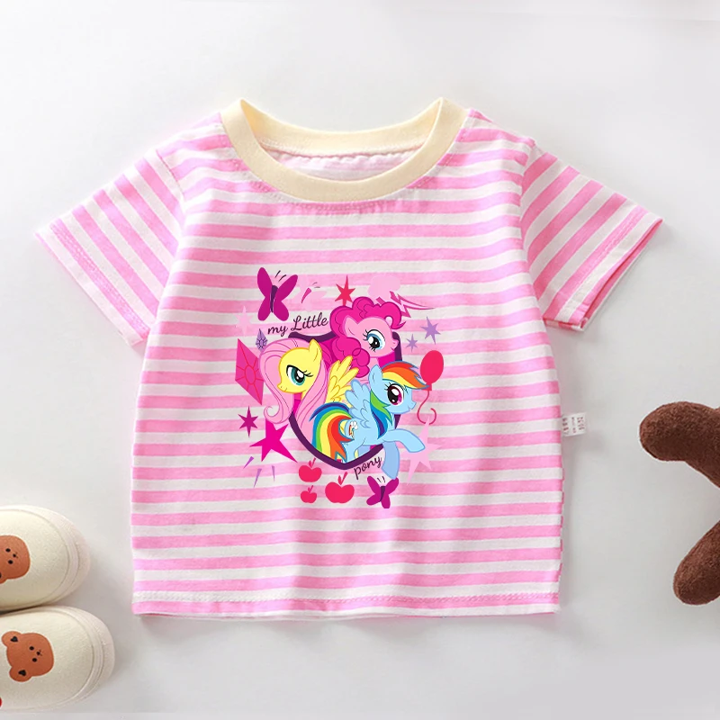 

Футболки в полоску для девочек My Little Ponys, милая футболка с короткими рукавами и рисунком из мультфильма, детские хлопковые топы с круглым вырезом, повседневная летняя одежда для малышей