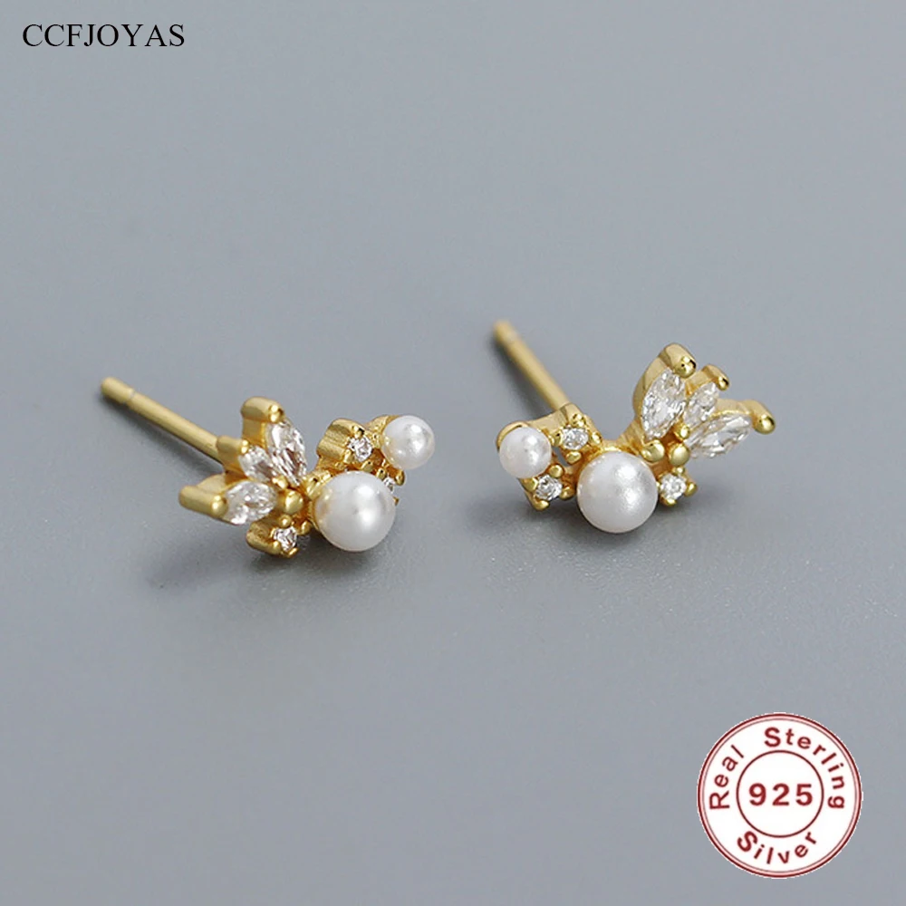 

CCFJOYAS Sweet Pearl Zircon 925 Sterling Silver Stud Earrings for Women Romantic Japanese and Korean Flower Earrings Jewelry