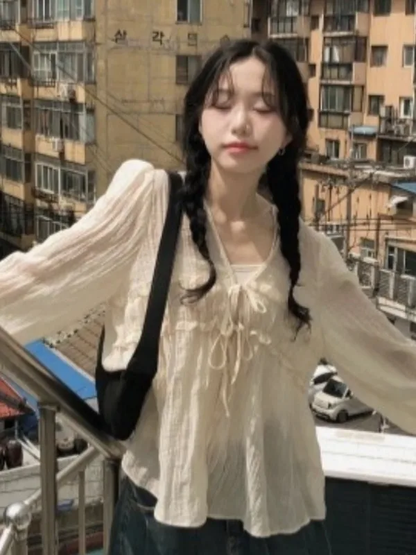 

Chic V-neck Bubble Sleeve Sun Protection Shirt Women's Design Sense Knot Long Sleeve Top Korean Style Loose Fit Inner Wear