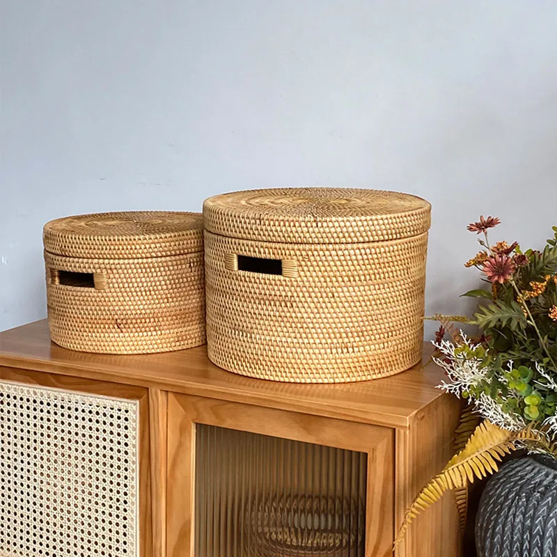 Woven Rattan Basket with Lid, Wicker Fruit Bread Box, Round Picnic Tray with Handle, House Decorative Toy Storage