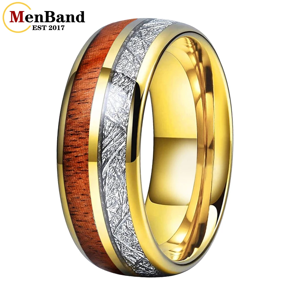 

MenBand 6/8MM Men Women Tungsten Carbide Rings with Koa Wood Bright Meteorite Inlay Domed polishing Comfort Fit