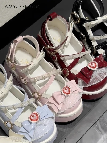 

Original Lolita Round Toe Thick Sole Cute Bow Women Shoes Mary Jane Shoes Sweetheart Girl Japanese Kawaii Heel PU Single Shoes