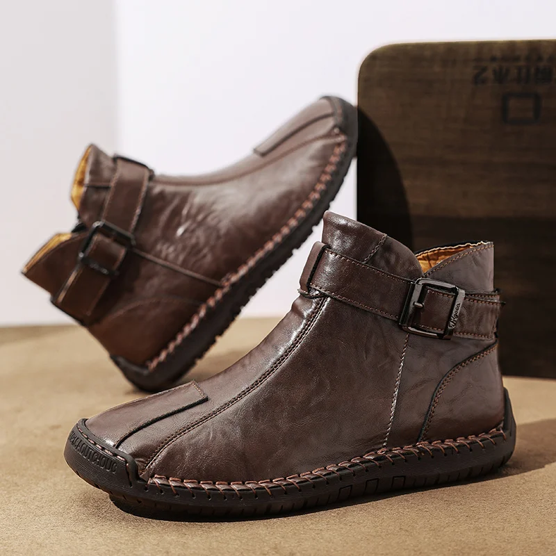 Handmade Leather Men Boots With Fur Split Casual Winter Ankle Boots Plus Size 39-47 Leisure Footwear For Male Hombres Botas
