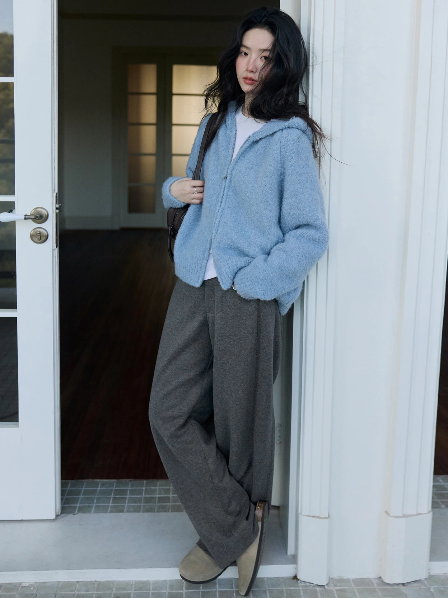 

Теплый шерстяной кардиган с капюшоном для женщин, зимний модный синий утолщенный вязаный свитер Amy Wine House из полиэстера