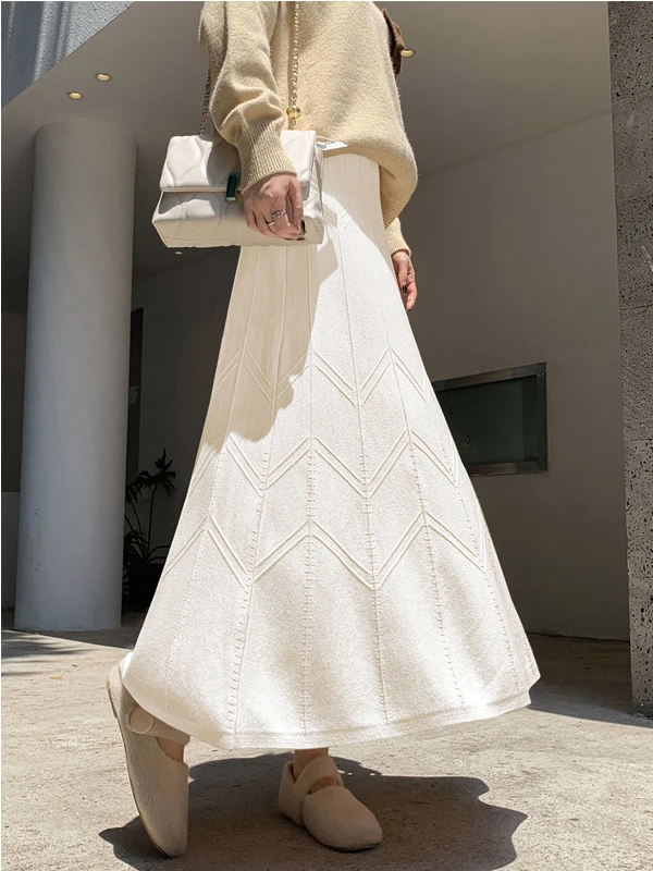 High Waist Knitted Midi Skirt Women's Autumn Winter Casual Slimming Drapey A-Line Skirt in Beige Knitwear Casual Skirts