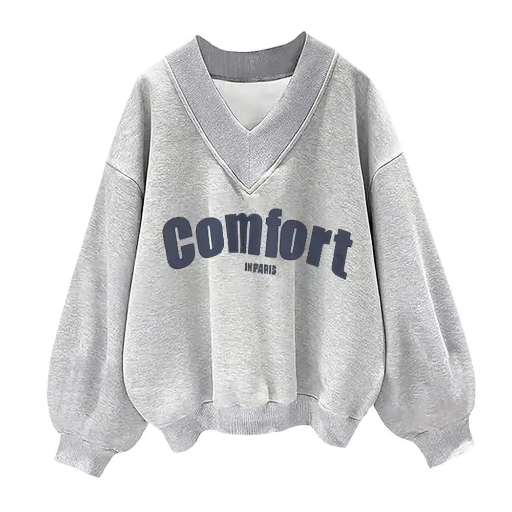 

2024 Womens Fall Fashion V Neck Casual Loose Sweatshirt Korean Style Long Sleeve Tops Pullover Solid Color Streetwear