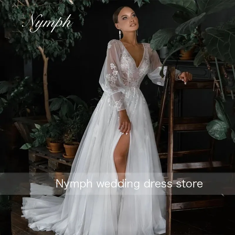 Customized Beautiful A Line Women's Wedding Dresses Lace Appliques Bride Gowns Sexy V Neck Long Sleeve Split Vestidos Novias