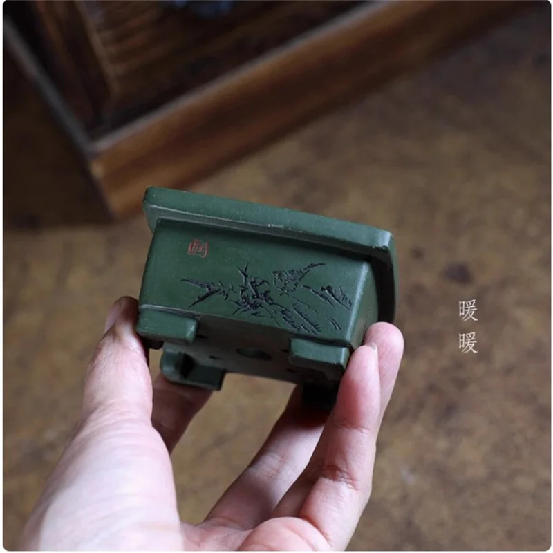 Green Clay Handmade Pottery Bonsai Pot,Small Vase,Tradition Chinese Carved Pattern,Dormitory Home Table Room Garden Decoration