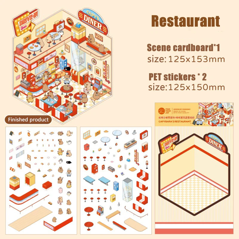 Cartoon Capybara Landscape Sticker 3D Miniature Scene DIY Pocket Cabin Scene Stacking Pasting Sticker for Kid Child Student Gift