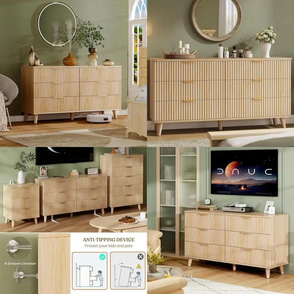 

Широкий комод с 6 ящиками для спальни, гостиной или прихожей - отделка из натурального дерева