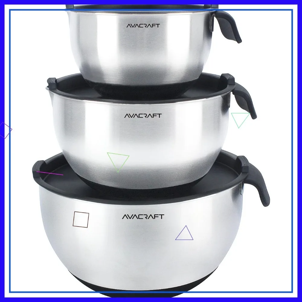 

Stainless Steel Mixing Bowls with Lids, Non-Slip Silicone Base, Handle, Pour Spouts & Measurement Marks