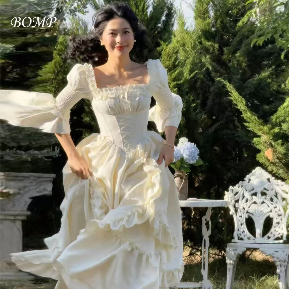 

BOMP Princess Evening Dress Square Collar Draped Ruched A-Line Ivory Satin Woman Party Dresses Princess Prom Gown Customized