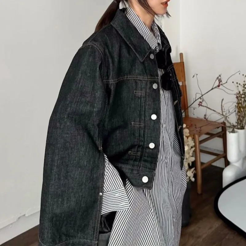 Abrigo vaquero Vintage de alta moda de estilo japonés, chaquetas vaqueras holgadas con manga acampanada y cuello vuelto, Tops informales abotonados de primavera para mujer