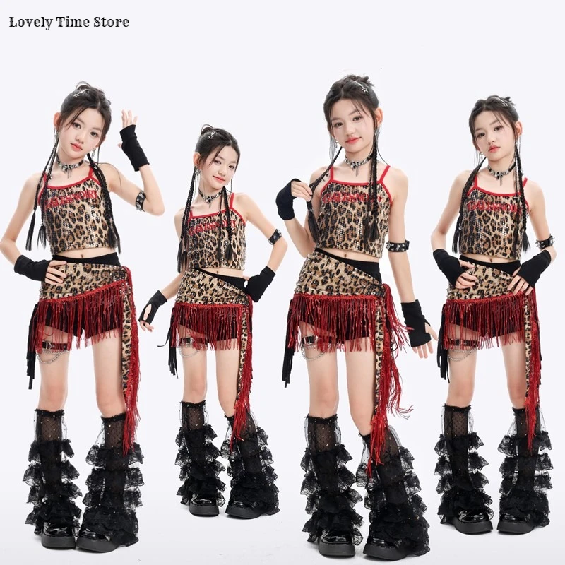 Girls K-pop Leopard Print Crop Top Fringed Diamante‌ Shorts Kids Hip Hop Jazz Clothes Sets Child Girl Group Street Dance Costume