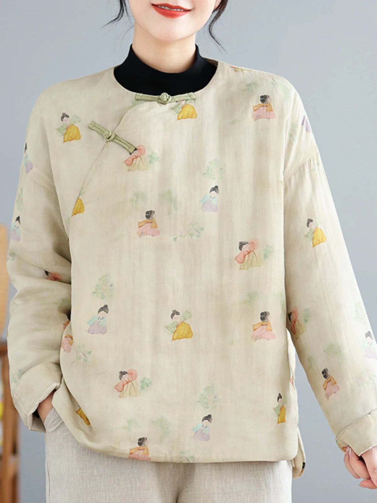 

Новое китайское хлопковое джатовое женское круглое зимнее пальто на пуговицах с принтом в стиле ретро в национальном стиле, маленькая хлопковая подкладка...