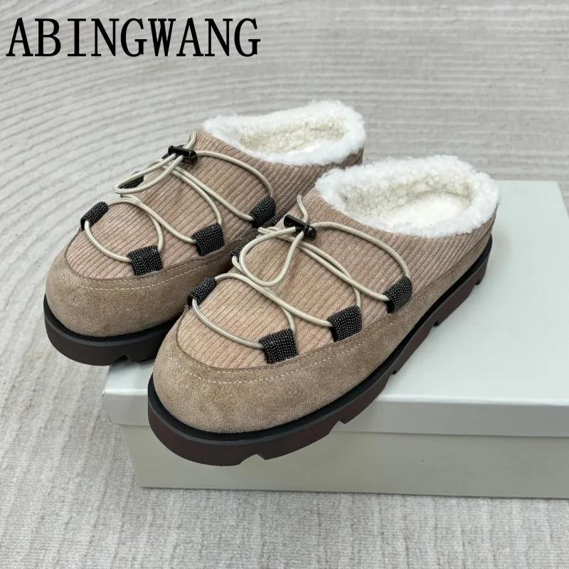 

Новинка зимы 2029, вельветовые теплые тапочки на меху для женщин, ботильоны на плоской подошве с круглым носком, зимние сапоги для женщин Mujer