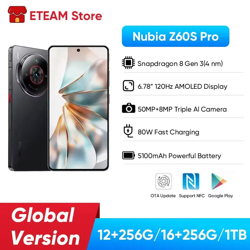 Versión Global Nubia Z60S Pro NX725J Smartphone 6,78 "Snapdragon 8 Gen 2 5100mAh batería 80W carga cámara satélite AI NFC modelo