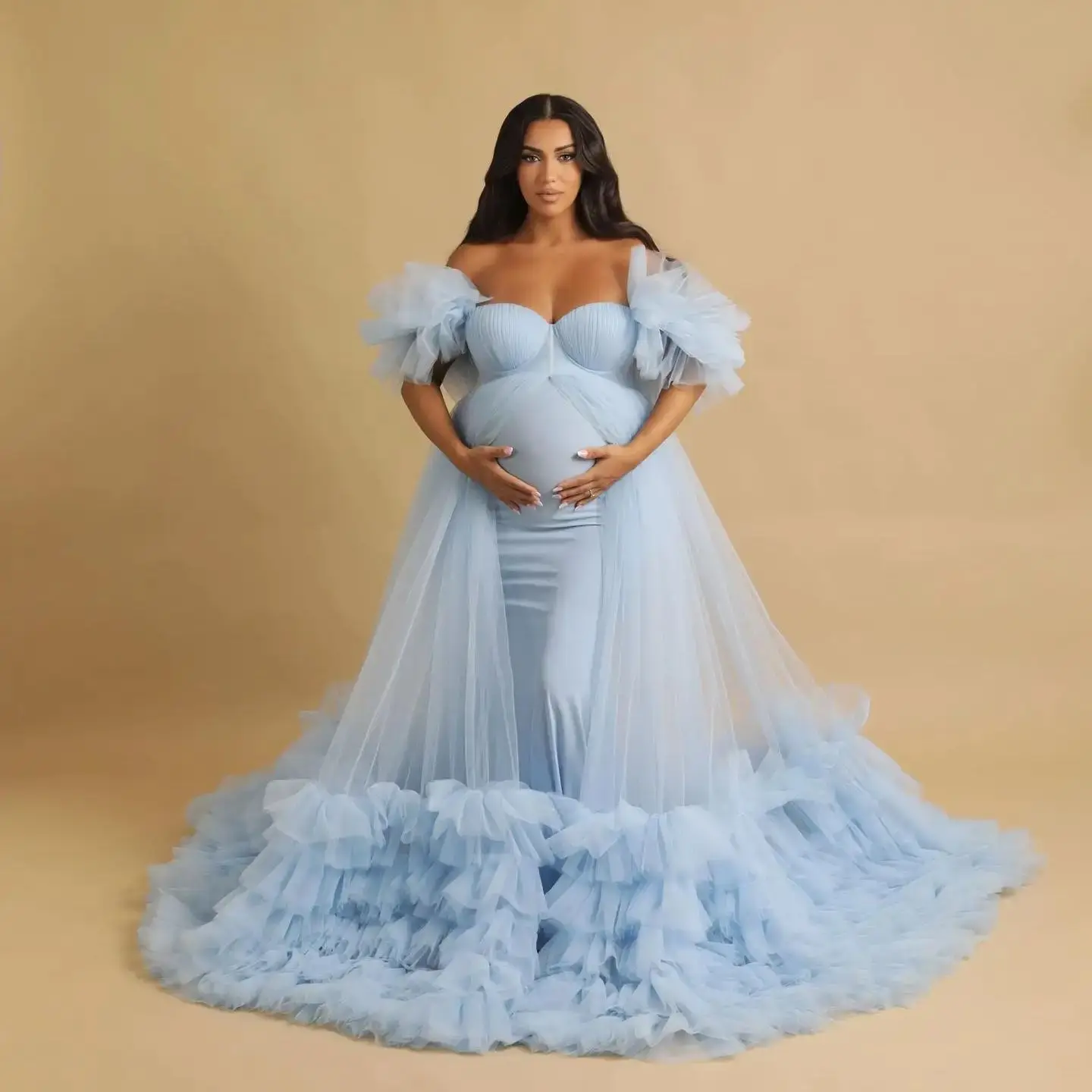 

Sky Blue Maternity Dress A Line 2 Pieces Pregnant Prom Party Gown Illusion Winter Ruffled Babyshower Gown Photo Customized