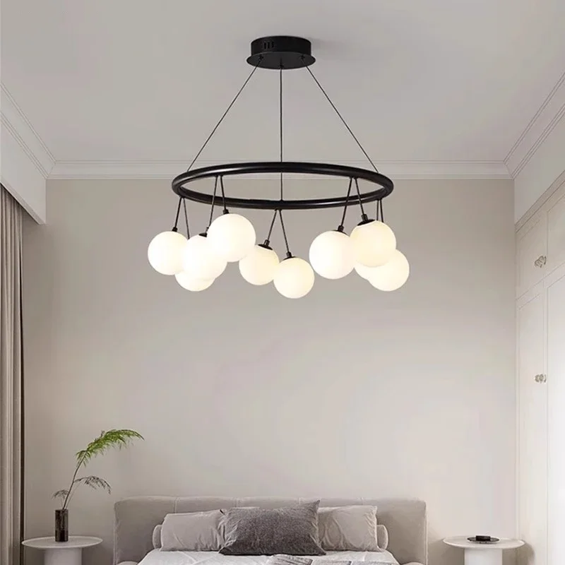 Modern Black Ring-shaped/ Long Strip Chandelier White Glass Ball Pendant Light Restaurant Living Room