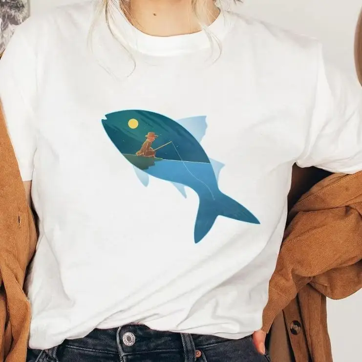 

Y2K Cotton Casual Women's T - Shirt, Short Sleeve Round Neck Fitted, Colorful Cute Cartoon Fish - Shaped Fishing Scene Print